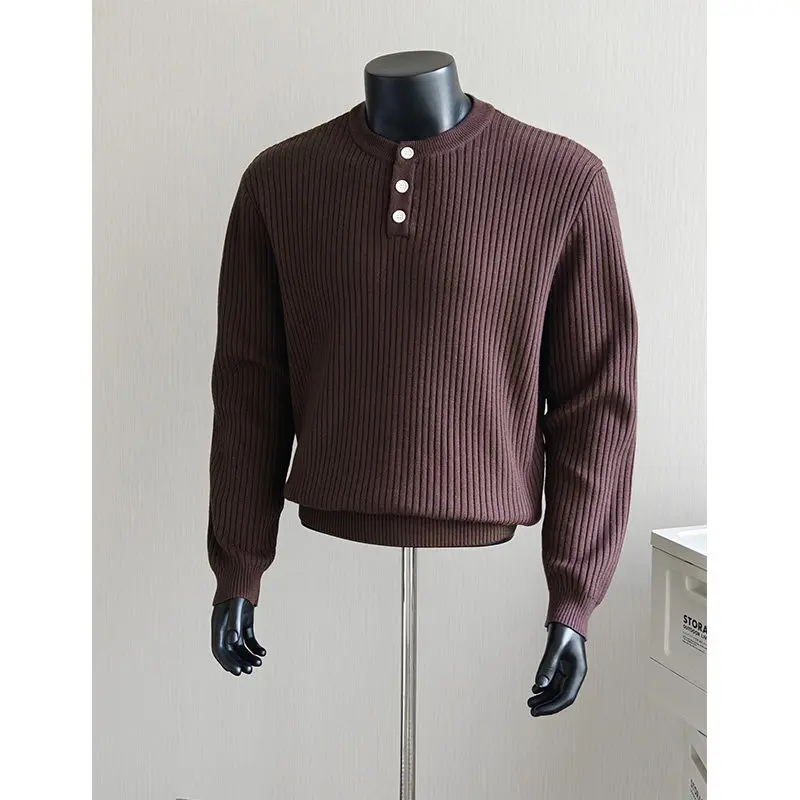 

Мужской трикотажный свитер с воротником-стойкой, цвет кофе, свободный крой, повседневный, длинный рукав, не мнется, в корейском стиле