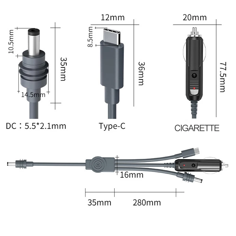 Per Starlink Mini 3 in 1 Splitter Cavo di alimentazione CC 10FT 100W USB C 12-24V Spina accendisigari Tipo C e cavo di alimentazione CC maschio per PC
