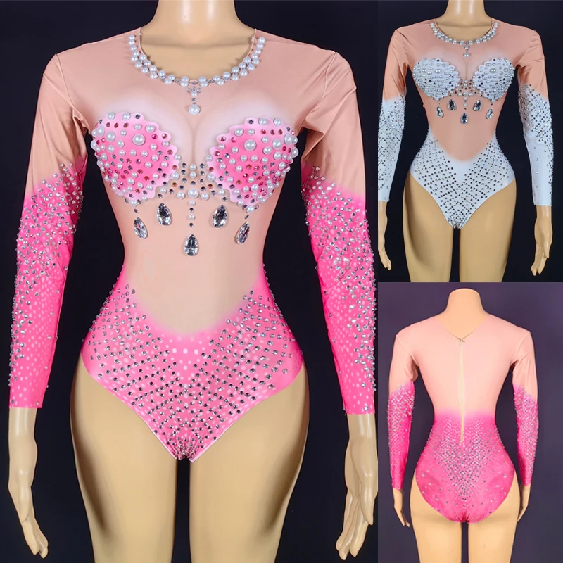 

Women'S Party Jazz Dance Costume Sexy Gogo Dancer Wear Long Sleeves Rhinestones Pearls Bodysuit Bar Ds Dj Stage Rave Wear XS7967