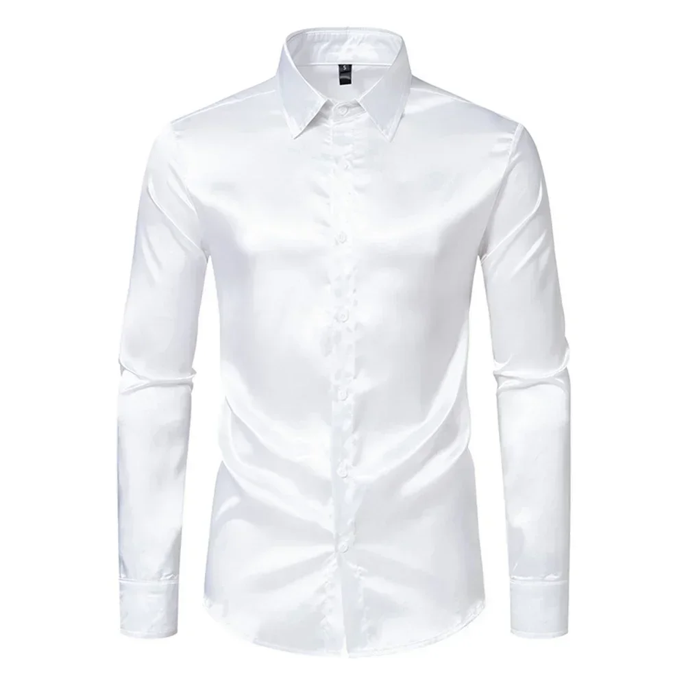 Men\'s Casual Satin Silk Shirts Button Turn-Down Collar Dress Shirt Slim Fit Party Long Sleeve Tops Clothing For Men