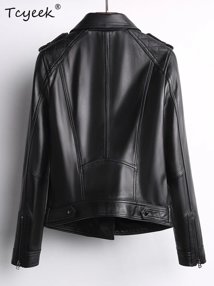 Tcyeek Schaffell Frauen Leder Jacke Frühling Herbst Anzug Kragen Lange Ärmeln Schwarz Kurze Motorrad Jacke Chaqueta Cuero Mujer