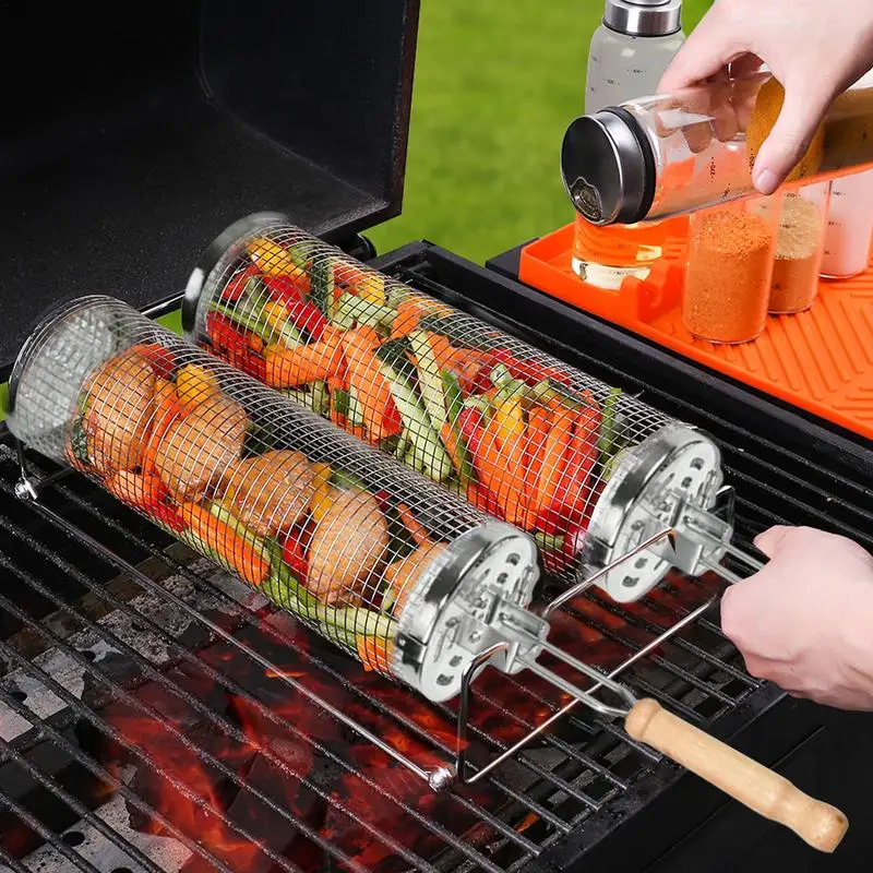 

Rotating Grill Cage Stainless Steel Grilling Utensils Outdoor Camping Travel Kitchen Tools Grilling Cage Rolling Grill BBQ Rack