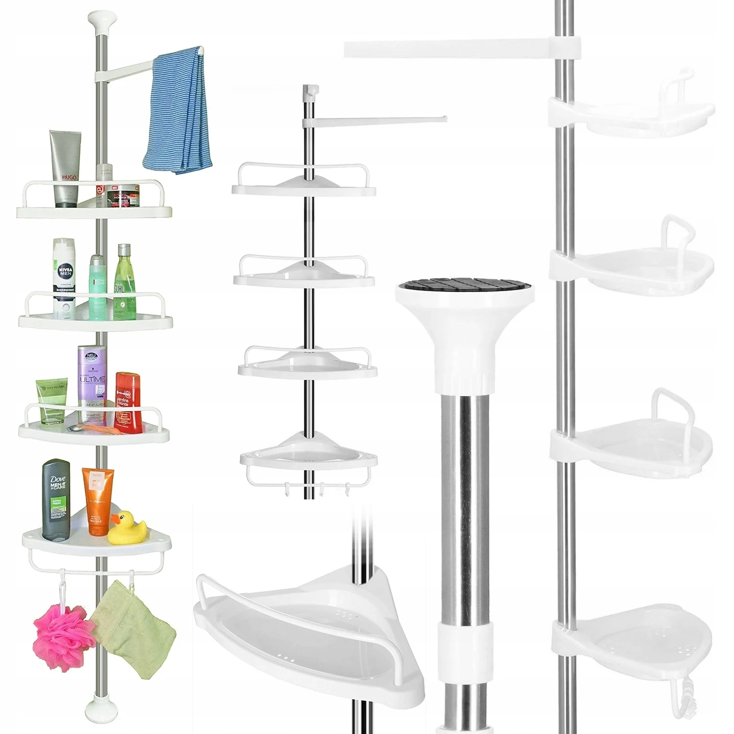 Étagère d'angle de salle de bain autoportante télescopique pour douche et baignoire, rangement multi-niveaux, moderne, pratique, fiable, robuste, pour le rangement de produits de toilette et cosmétiques à la maison, multi-usages, design moderne, compact et élégant