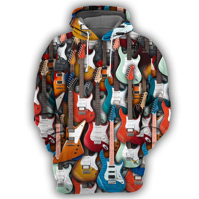 Piano Guitar 3D Print Hoodie For Men Long Sleeve Pullover Musical Instrument Pattern Sweatshirts Street Hooded Coat Male Clothes
