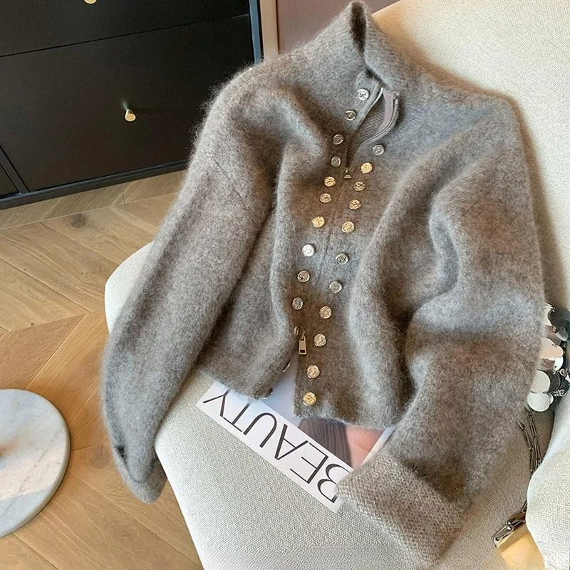 

Vintage Lazy Style Stand Collar Zipper Sweaters Autumn Winter Loose Knitted Coat Women Casual Simple Long Sleeve Cardigan