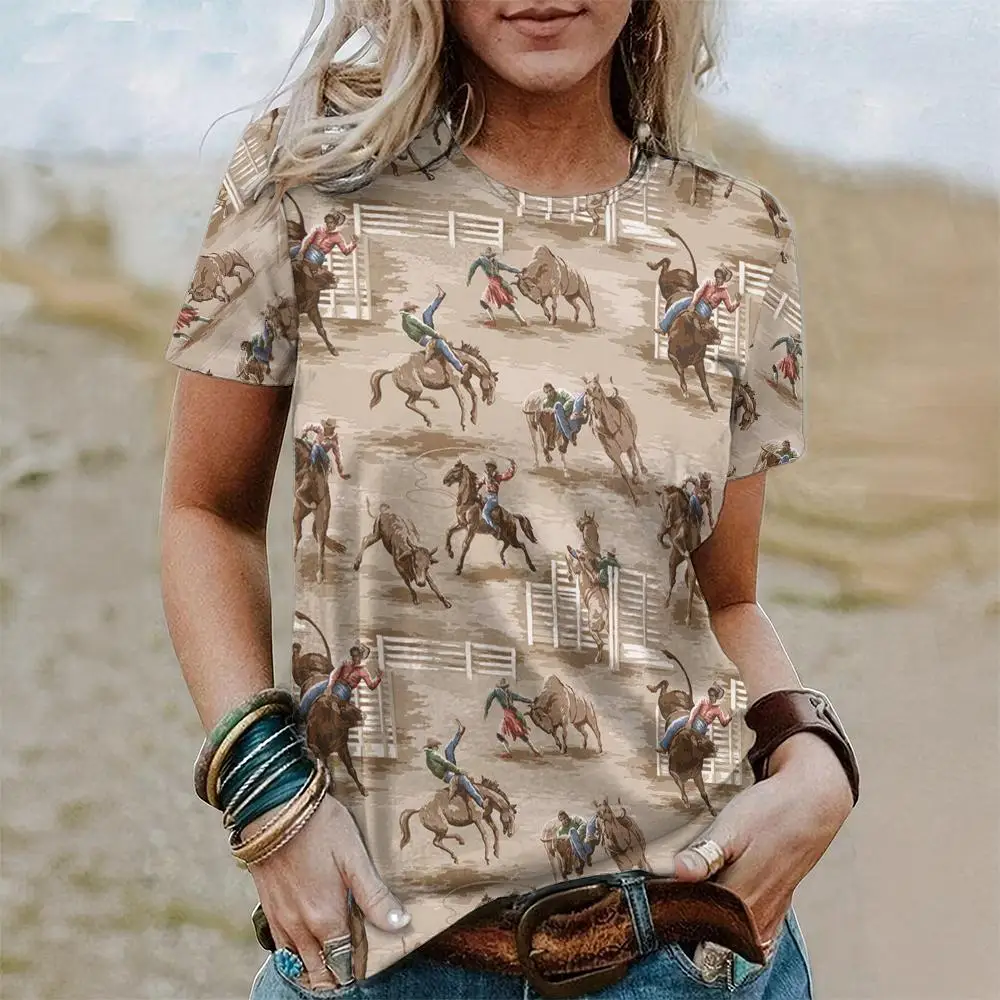 West Cowboy Horse T-Shirts 3D Print Damskie letnie koszulki z krótkim rękawem Casual Vintage Y2k Harajuku Tees Top Odzież damska