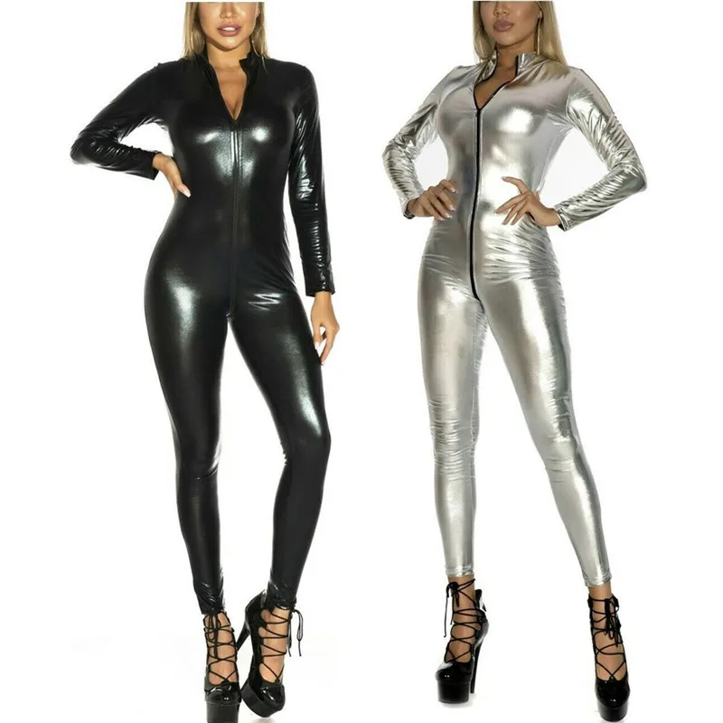 New Women PVC Leather Sexy Zipper Bodysuit Catsuit Zipper Open Crotch Leotard Leggings Ladies Skinny Jumpsuit Nightclub Costumes