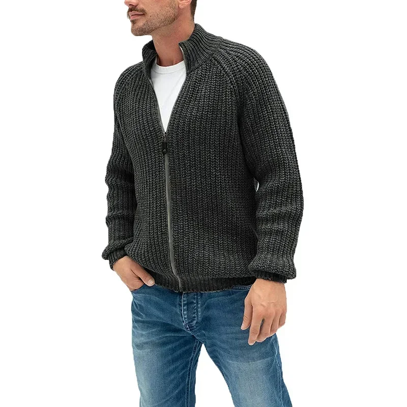 

2023 Autumn/Winter Sweater Cardigan Men's European and American Solid Color Zipper High Neck Knitted Coat Large Wear