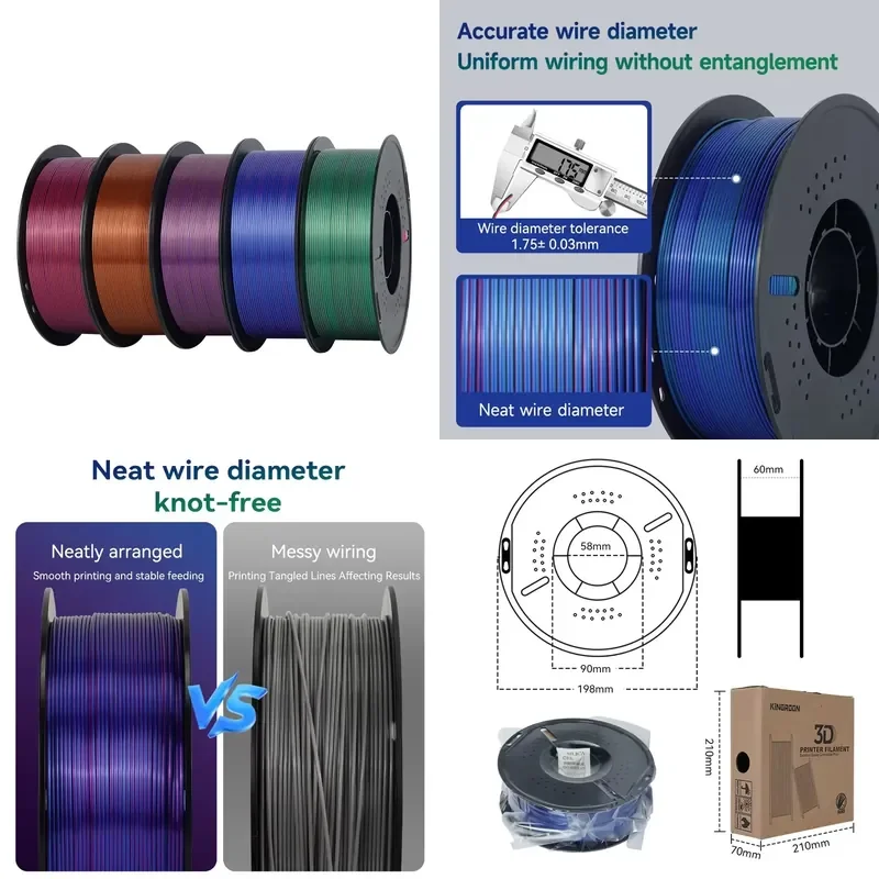 2026 hot sale KINGROON Factory Premium Silk Pla Filament 1.75mm 1KG(2.2lbs) Spool Eco-friendly 3D Printer Filament Plastic