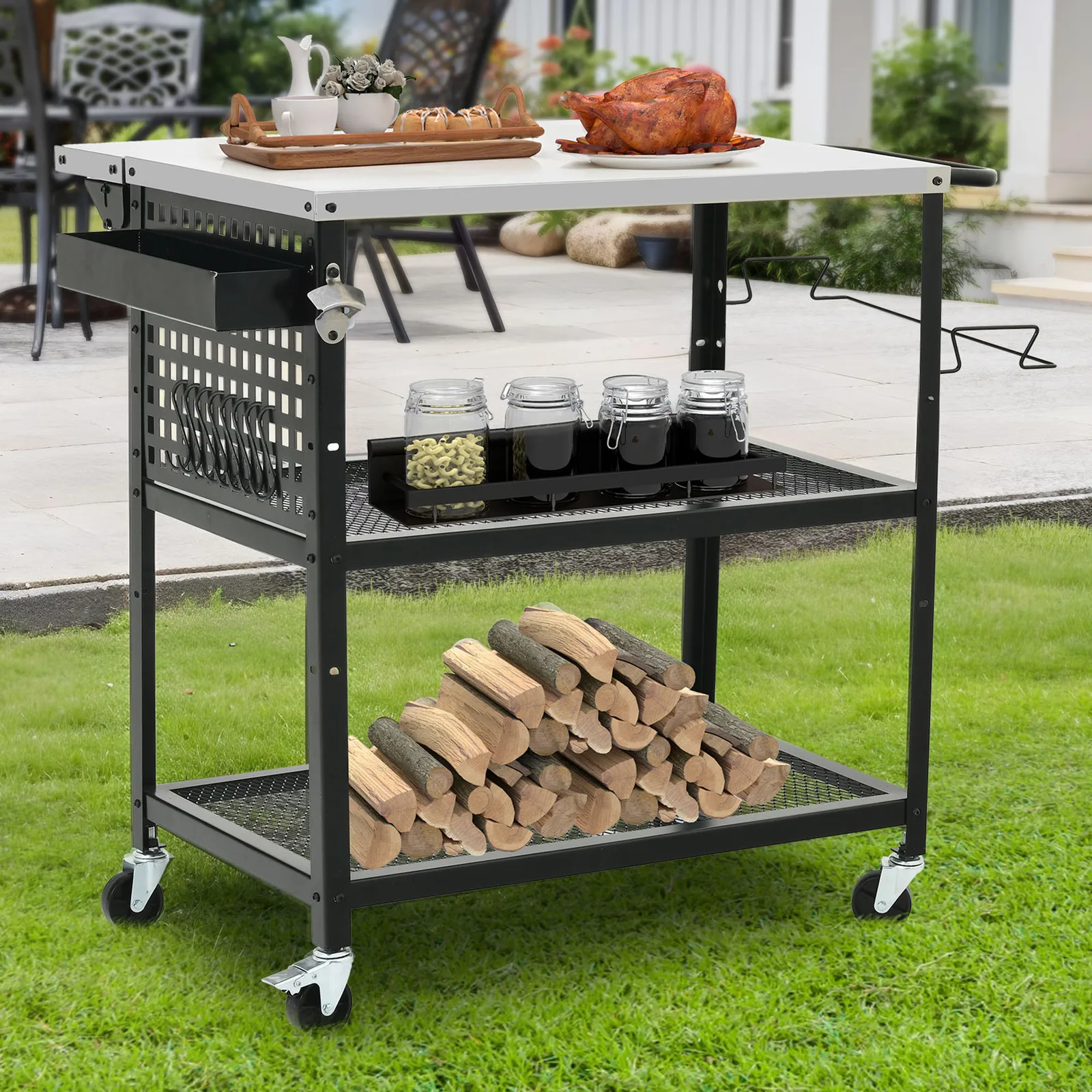 

Outdoor Grill Cart Pizza Oven Table w/ 3-Tier Adjustable Shelf