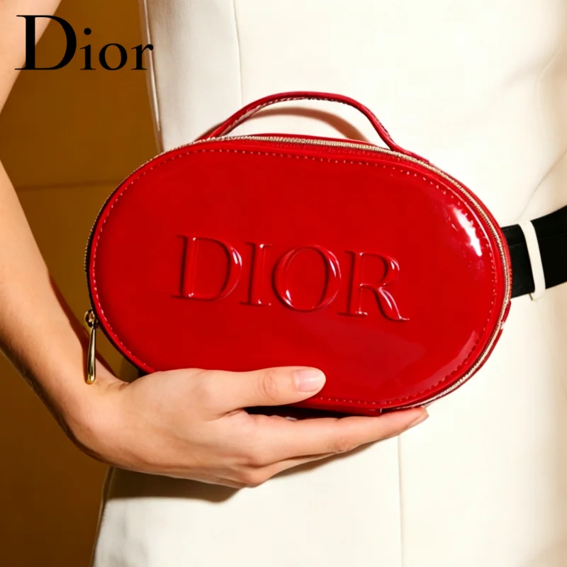 Dior Dior’s Bag Luxury Glossy Bright Red Oval Handheld Makeup Organizer Pouch Patent Leather Embossed Logo Waterproof Travel Cos - view 3
