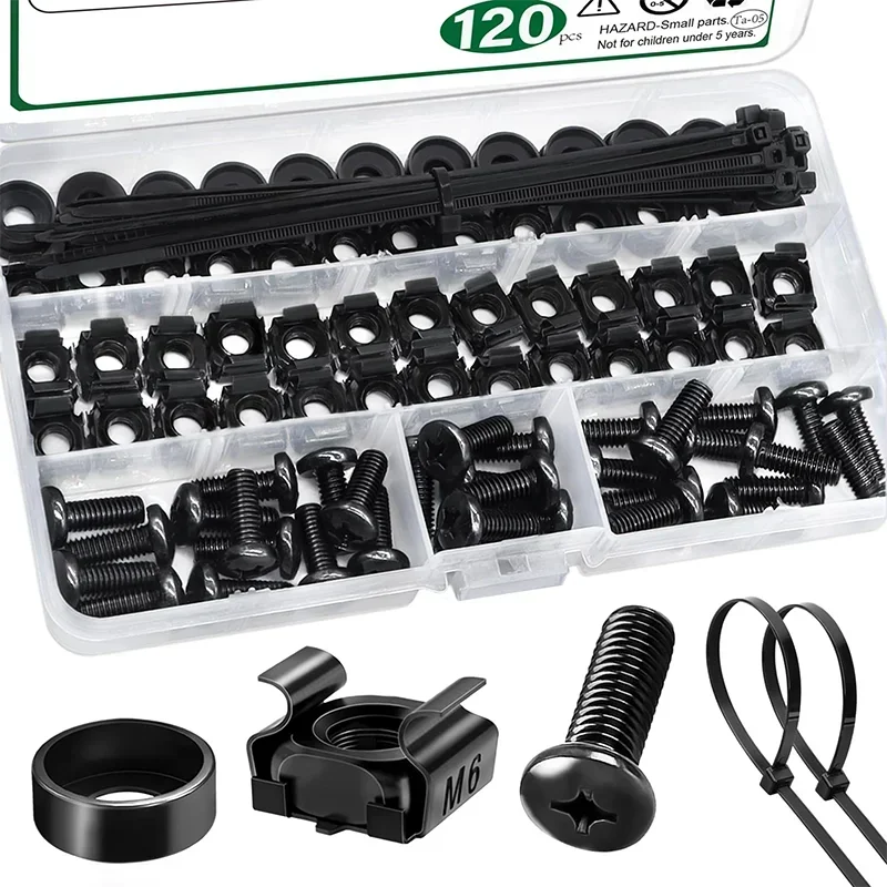 120Pcs Rack Mount Cage Screws Nuts Washers and Self-Locking Cable Ties Set Rack Mount Screws and Square Insert Nuts Kit M6x16mm