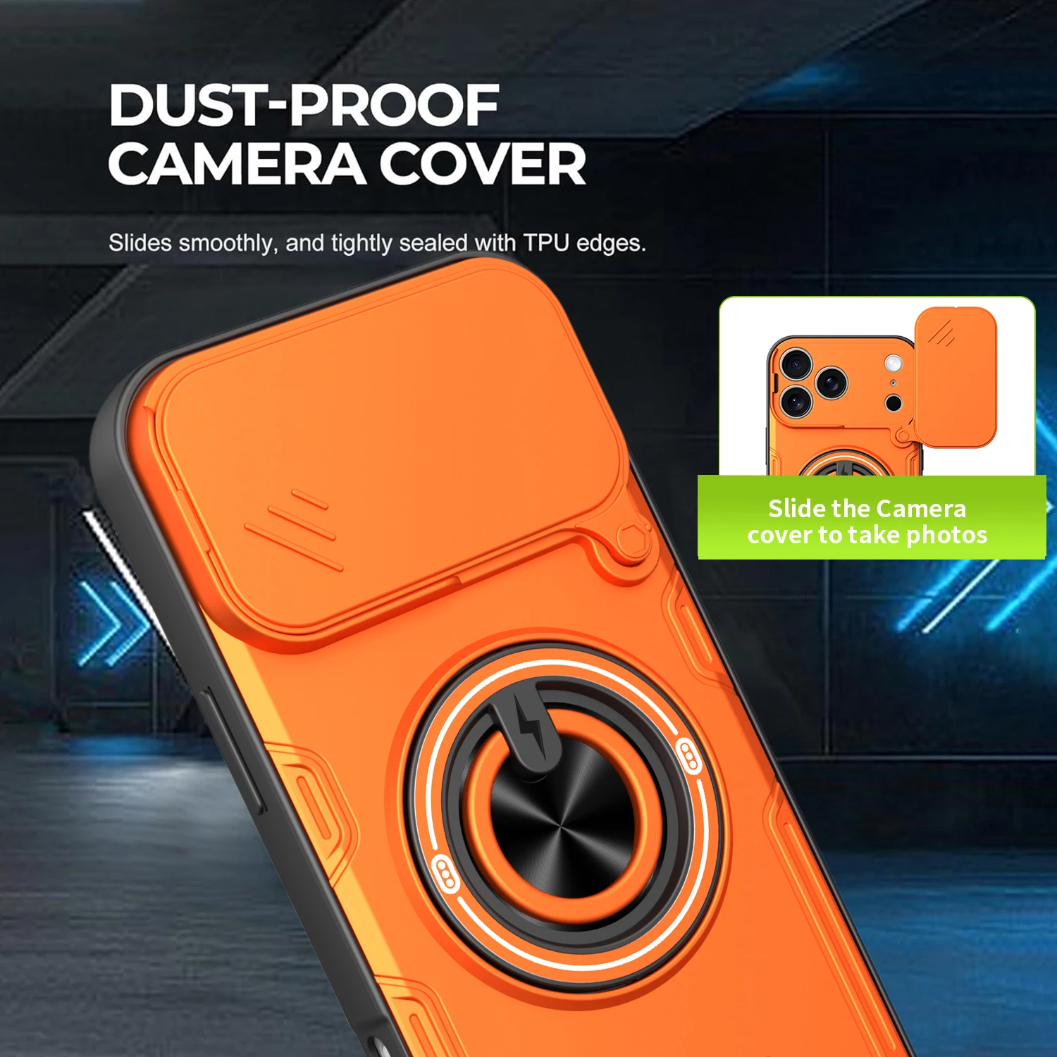 Stoßfeste Handyhülle für iPhone 17 16 Pro 17Pro Max mit Schiebe-Kameraschutz, Magnetring-Ständer und Schutzhülle – Detail 4