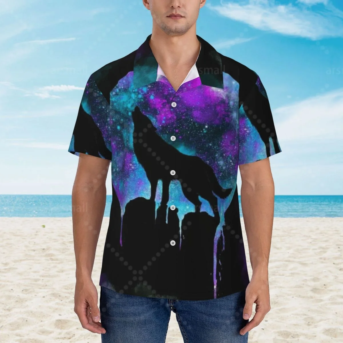 

Mystic Galaxy Wolf Print Hawaiian Shirt Men Short Sleeve Casual Floral Print Beach Shirt Summer Vacation Shirt