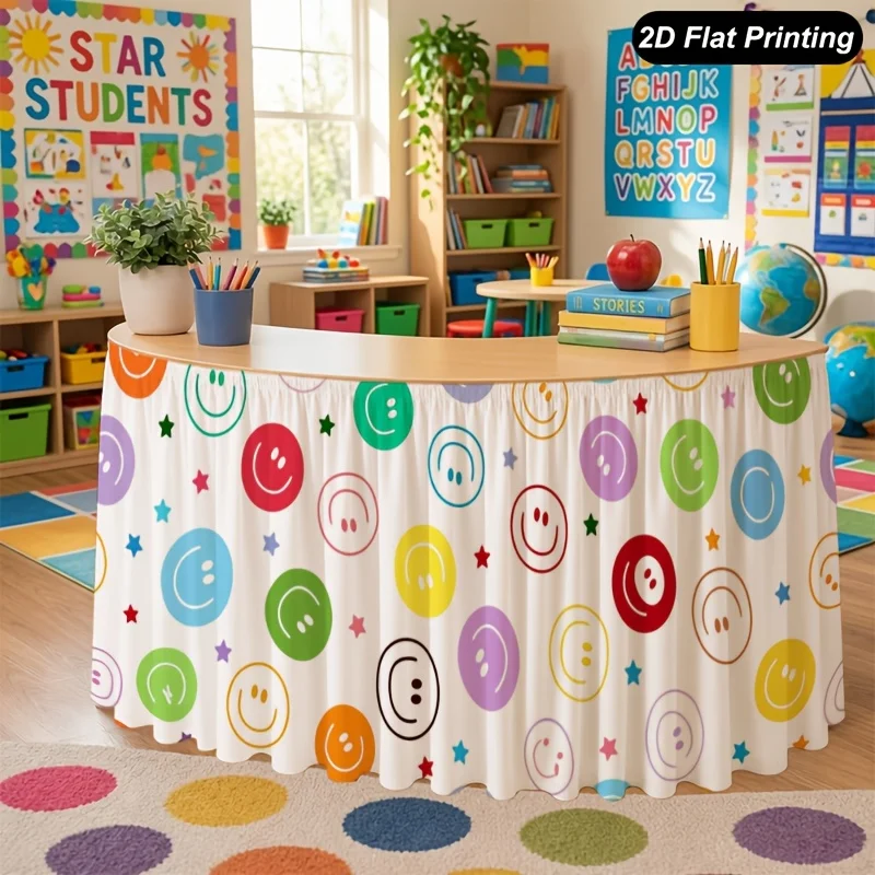 1 piece - Back-to-School Season - Colorful smiling face pattern - White Christmas tablecloth