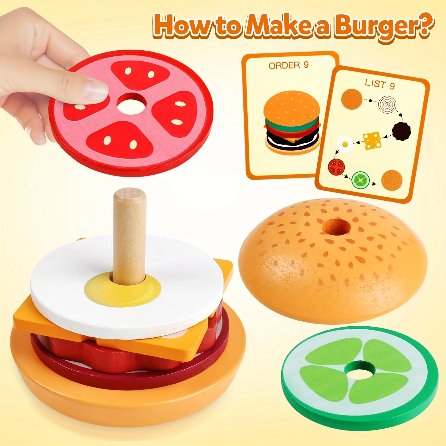 Wooden Burger Sorting Stacking Toys for Toddlers and Kids Montessori Preschool Educational Learning Fine Motor Skills Toys