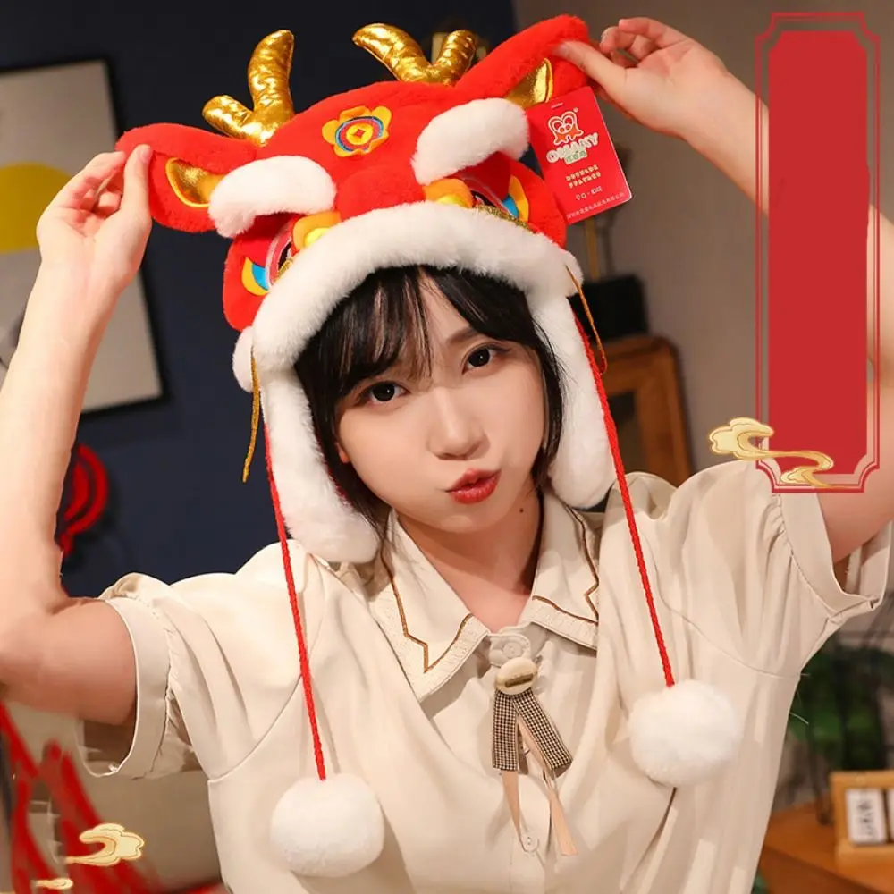 

Cute Fluffy Dragon Hat Mascot Dragon Red Chinese Style Hat Ear Protection Hat Children New Year Hat Plush Doll Hat Children