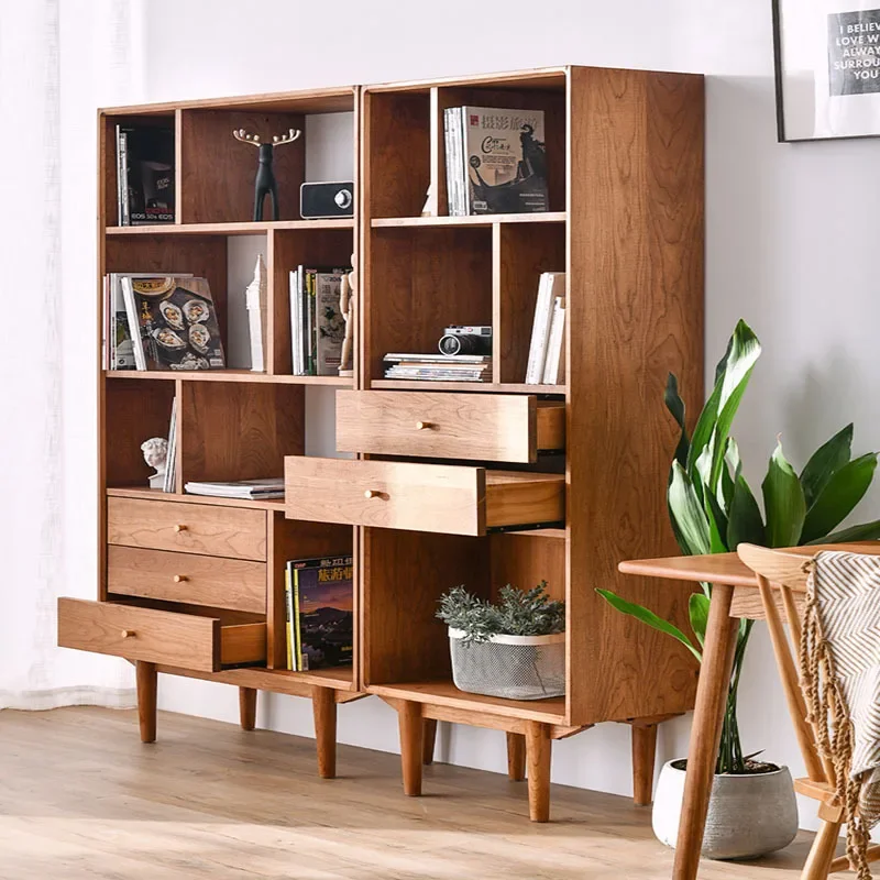 The product can be customized.Nordic solid wood bookcase, log against the wall, display case, modern household living room, mult