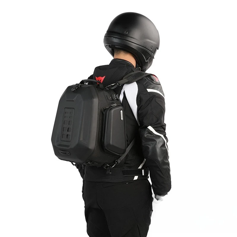 

Expandable, hard shell motorcycle tail bag hard shell backpack helmet