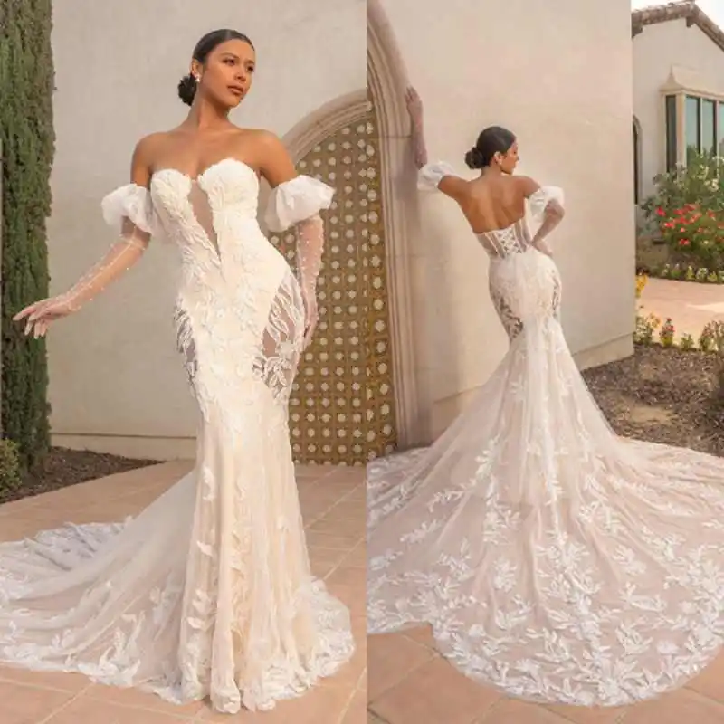 Przepiękna suknia ślubna w stylu syreny, bez ramiączek, bez rękawów, z aplikacjami, na specjalną okazję, Vestido De Noiva, szyta na miarę.