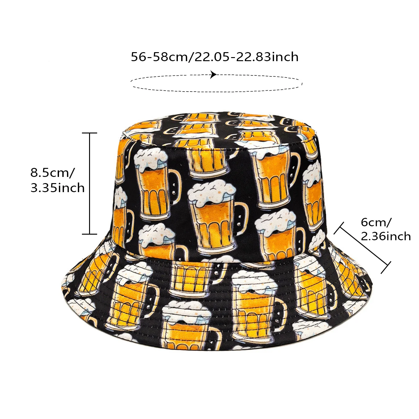 Fashionable Beer-Printed Double-Sided Bucket Hat, Sun-Protective Beach Hat, Foldable, Suitable for All Seasons, Lightweight and Stylish Hat, Perfect for Casual Wear, Outdoor Activities, and Beach Travel Adventures
