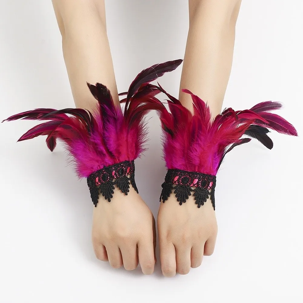 Black Lace Fluffy Feather Wrist Cuffs Lightweight Chic Plume Bracelet Adjustable Gothic Halloween Arm Cuff Gloves Themed Party