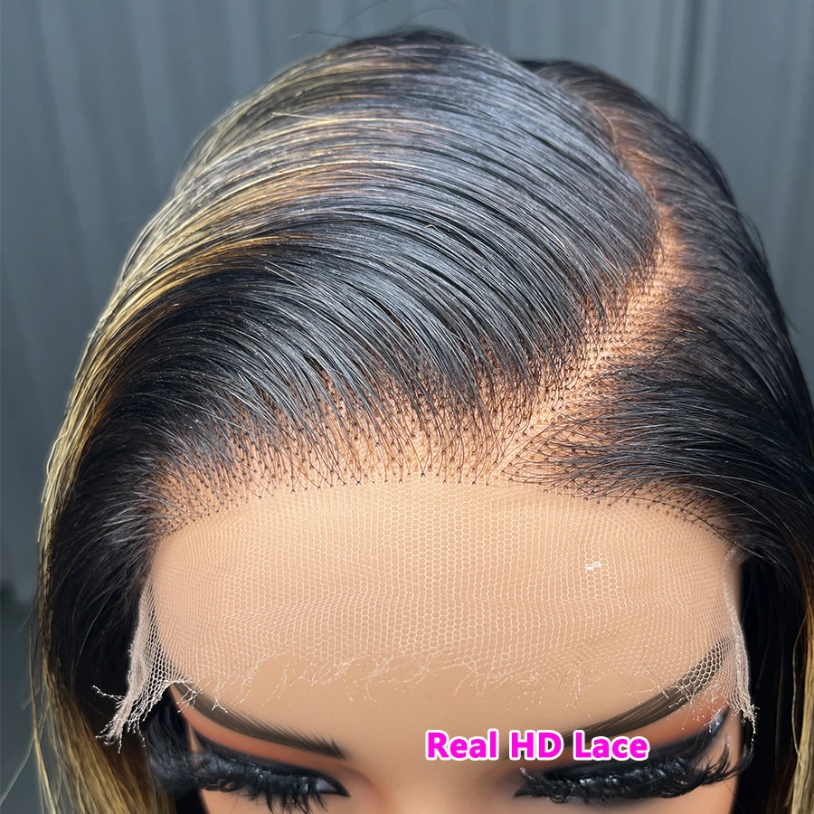 100% Raw Human Hair Wig Double Drawn Real HD Lace 250% Density 1B/27 Highlight Short Bob Wig 5x5 HD Lace Closure Wig Wear And Go