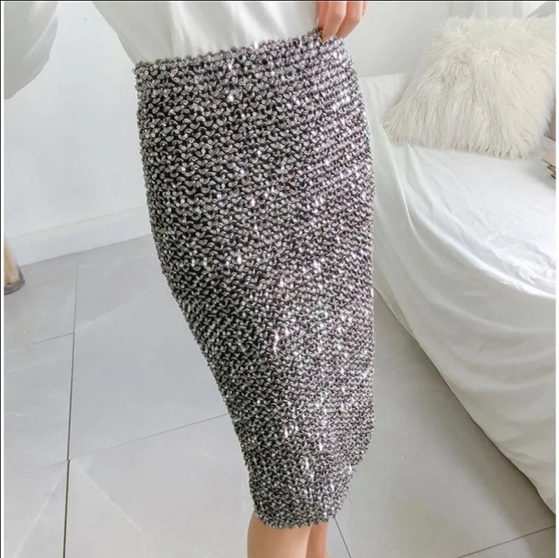 DSMTRC 2025 New Womens Skirts Gold Sequined Knee Length Skirt Stretchy Bodycon Skirt Short Wrap Skirt for Office Lady Party Girl