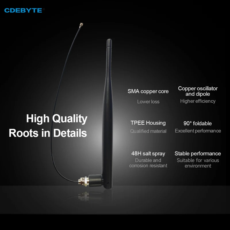 CDEBYTE-antena plegable de barra de goma flexible, banda ancha de frecuencia pequeña, VSWR, 90 °, 2 piezas, IPEX-1, 230/470/868/915MHz, 3dBi