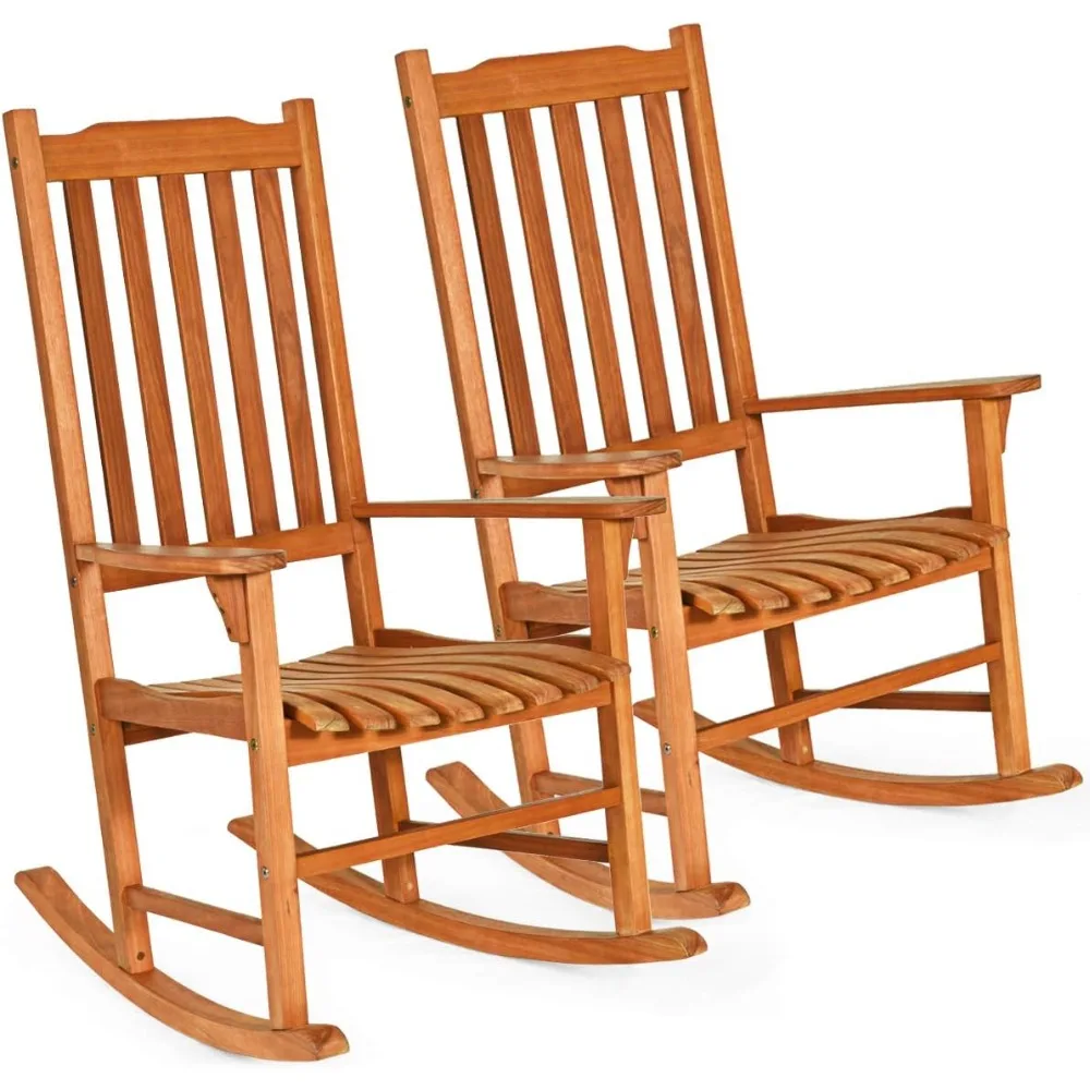 set of 2 porch rocking chair outdoor and indoor use, solid eucalyptus wood rocker with natural finish, front porch chairs for p