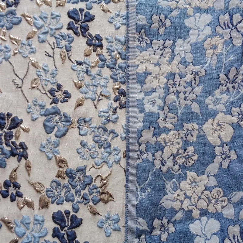 Embossed Jacquard Fabric Brocade blue Gold Floral Design Sewing Material Sofa Cheongsam Dress Garment Fabric 140cm Sold By Meter