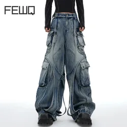 FEWQ American Style Men's Denim Pants Multi-pockets Ribbon Washed Worn-out Loose Cargo Jeans Wide Leg Male Bottom Tide 24E2353