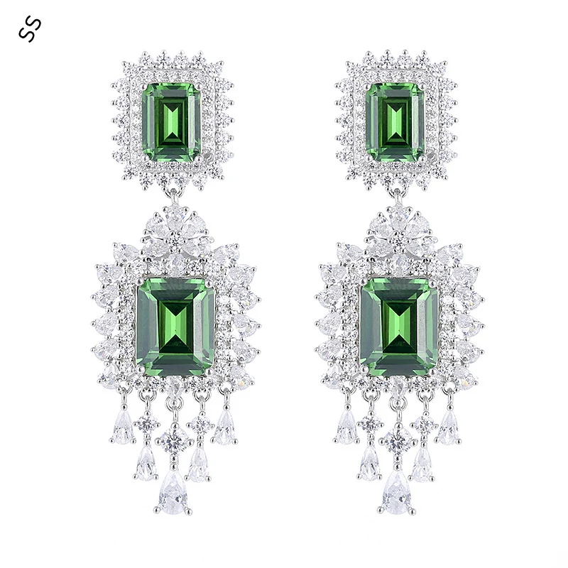 

Premium Luxury Heavy Handmade S925 Sterling Silver Simulation Emerald Blue Red Stud Earrings Long Fringe Sparkle Ear-accessories