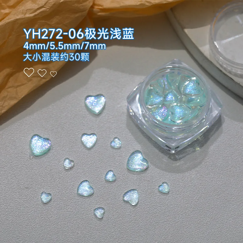 30Pcs Heart Shaped Shiny Aurora Nail Art Rhinestone Resin Galaxy Color Symphony Nail Gems Parts Clear Crystal Manicure Acessorie
