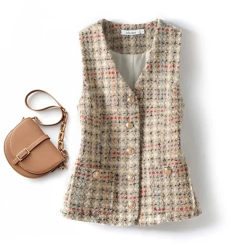 

Tweed Plaid V-Neck Vest Women's Autumn Winter 2024 New Korean Style Fashionable Elegant Casual Waistcoat Single-Breasted Ladies