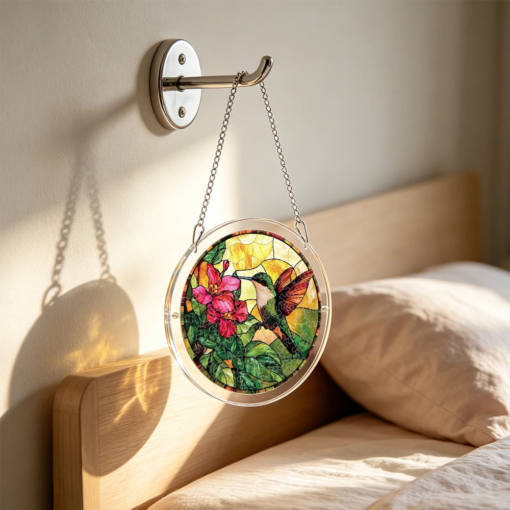 Stained Glass Hummingbird Hibiscus Acrylic Puzzle Suncatcher, 18cm/20cm Round Window Hanging Decor Gift Ornament
