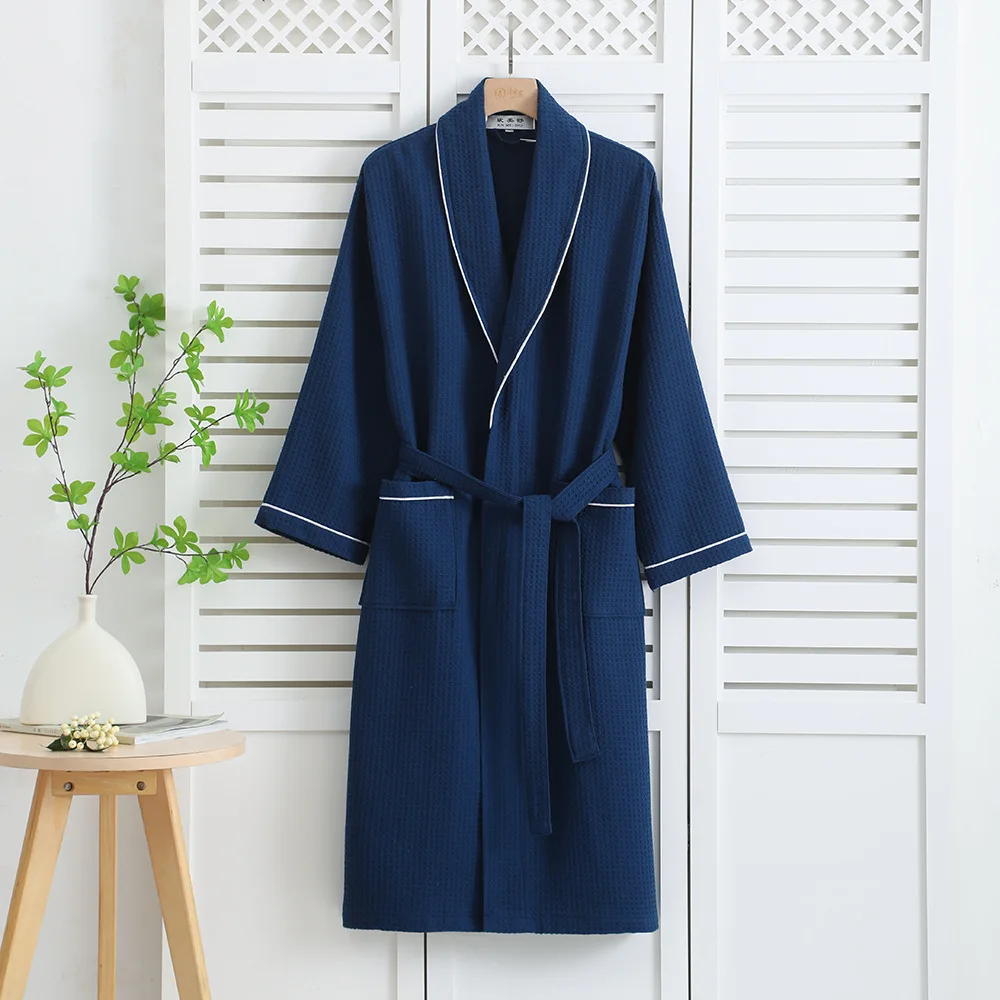 

Pure Cotton Nightgown Men And Women Summer Cotton Waffle Bathrobe Couple Four Seasons Thin Bathrobe