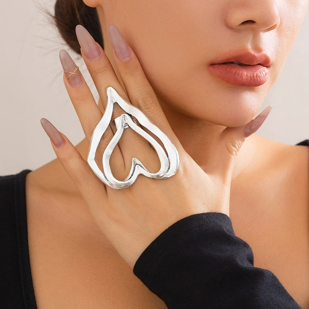 PuRui Punk Big Irregular Heart Rings for Women Exaggerated Metal Gold Color Finger Open Ring Ladies Gifts Jewelry Party Girls