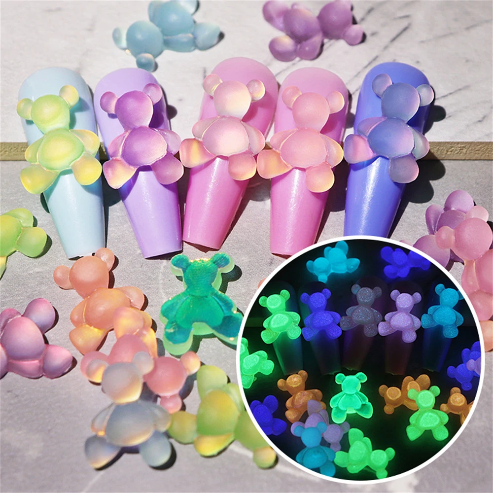 플라워 네일 참 3D 귀여운 네일 아트, 오로라 팬텀 나이트 라이트 곰 마카롱 매트 곰 네일