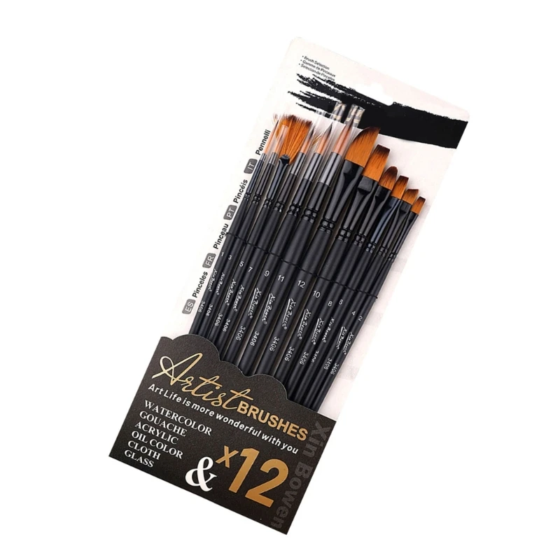 12x Watercolor Paint Brushes Artist Brushes Drawing Supplies for Oil Painting