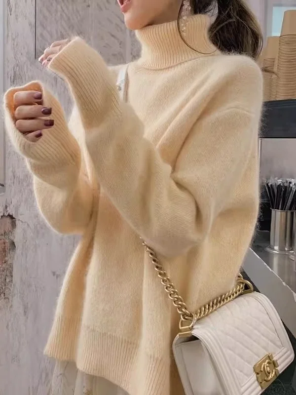 

Теплый вязаный свитер большого размера с высоким воротом, мягкий, утолщенный, свободного кроя, для мужчин и женщин, осенне-зимний, для повседневной носки, из полиэстера.