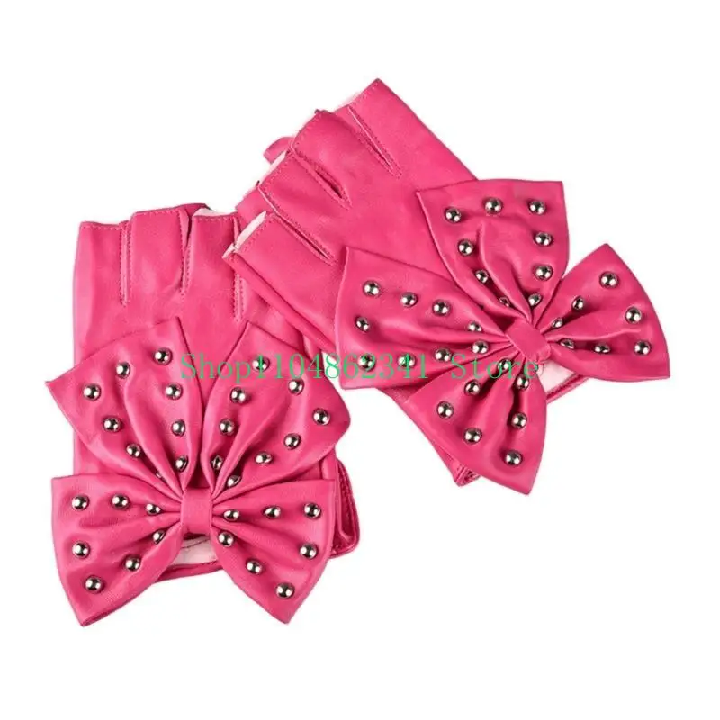 652F PU Leather Half Finger Gloves Bowknot Gloves For Women Dance Wear And Nightlife