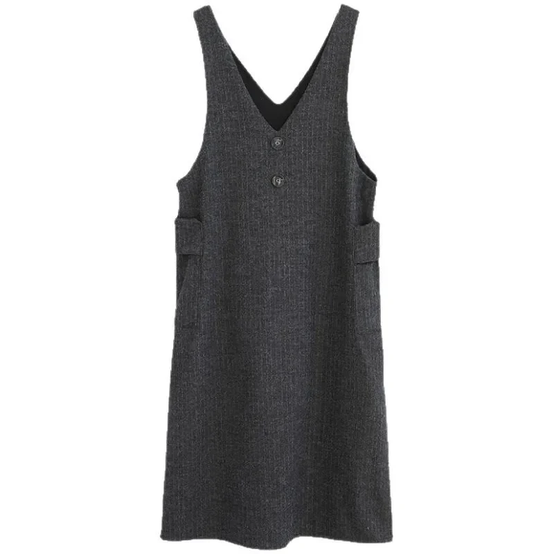 فضفاضة تناسب حجم كبير الشتاء الخامس الرقبة ميدي فستان سميكة الصوف مادة الصوف بلا أكمام الركبة طول فستان المرأة عادية #5