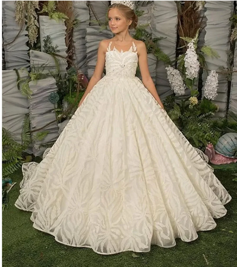 White Ball Gown Chapel Train Flower Girl Dress Lace Tulle Sleeveless Embroidered Party Costume A-Line Princess Prom Dress