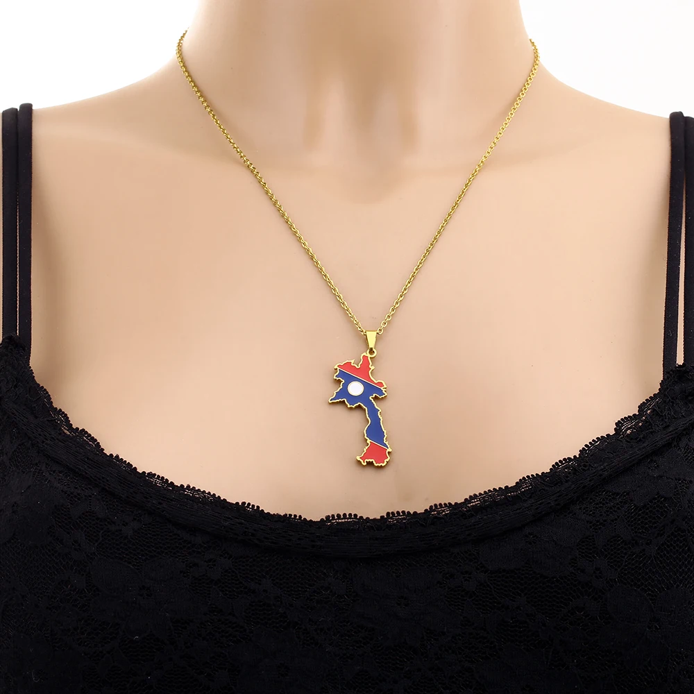لاو الشعب جمهورية الديمقراطية خريطة العلم قلادة قلادة الفولاذ المقاوم للصدأ الرجال النساء لاوس خرائط المجوهرات هدية #5
