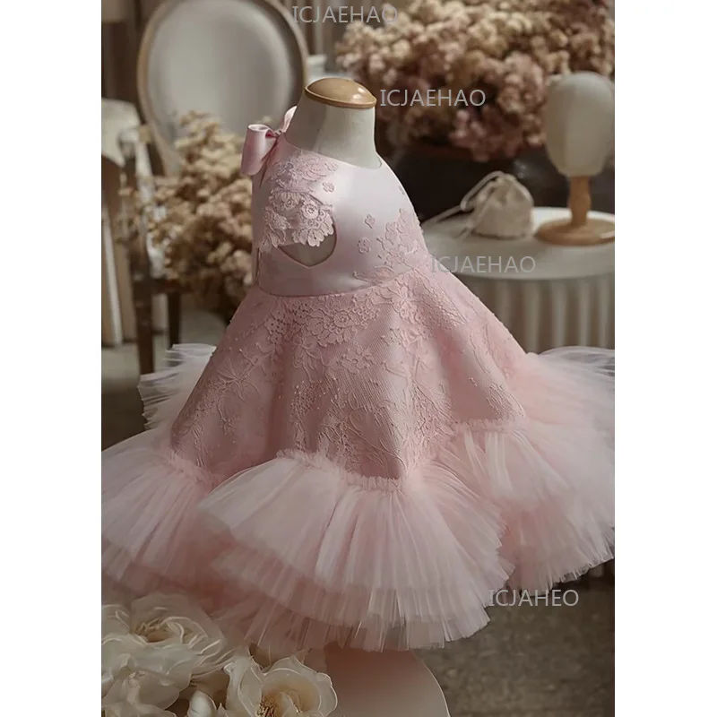 2026 Pink Kids Formal Princess Dress Costume Children  Host Performance Pageant Elegant OutfitNew Rose First Birthday Party Gown
