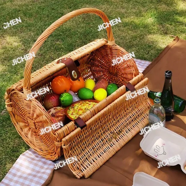 

Корзина для пикника Уличная бамбуковая корзина для хранения Плетеная ручная корзина с фруктами Пасторальный ротанг с крышкой