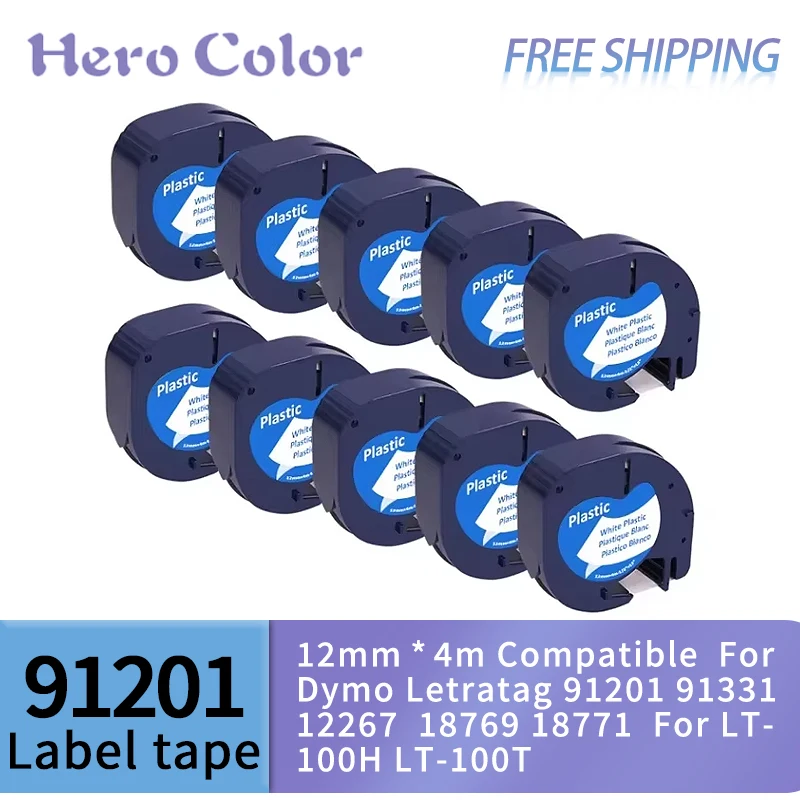 20PCS 91331 LT Label Tape 12mm*4m Compatible For Dymo Letratag Plastic 91201 91331 12267 18769 18771 For LT-100H LT-100T