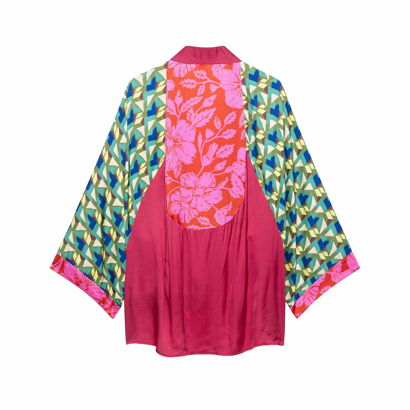 Sommerliches Damen-Set mit tiefem V-Ausschnitt, sieben Viertelärmeln, geblümtem und gestreiftem Print, Jacke und Wickelrock mit mittelhohem Bund. – Detail 4