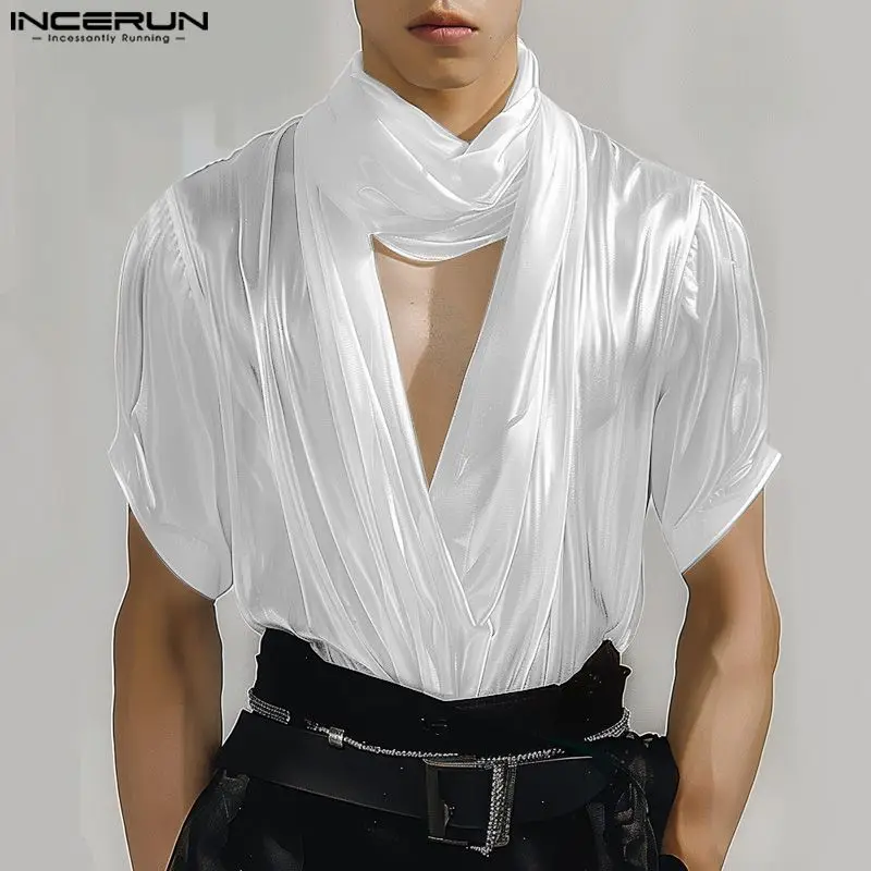 2024 Men T Shirt Solid Color Satin Turtleneck Short Sleeve Hollow Out Streetwear Men Clothing Pleated Fashion Tee Tops INCERUN